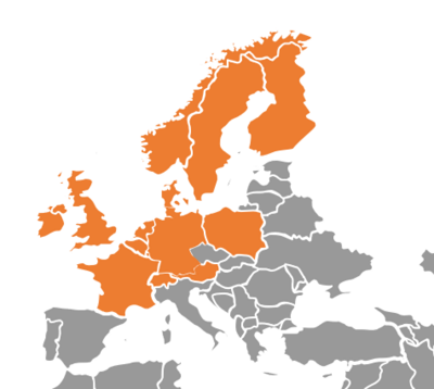 Weltkarte von Europa, die Länder der EPEX sind orange eingefärbt (hauptsächlich Zentral- und Nordeuropa)